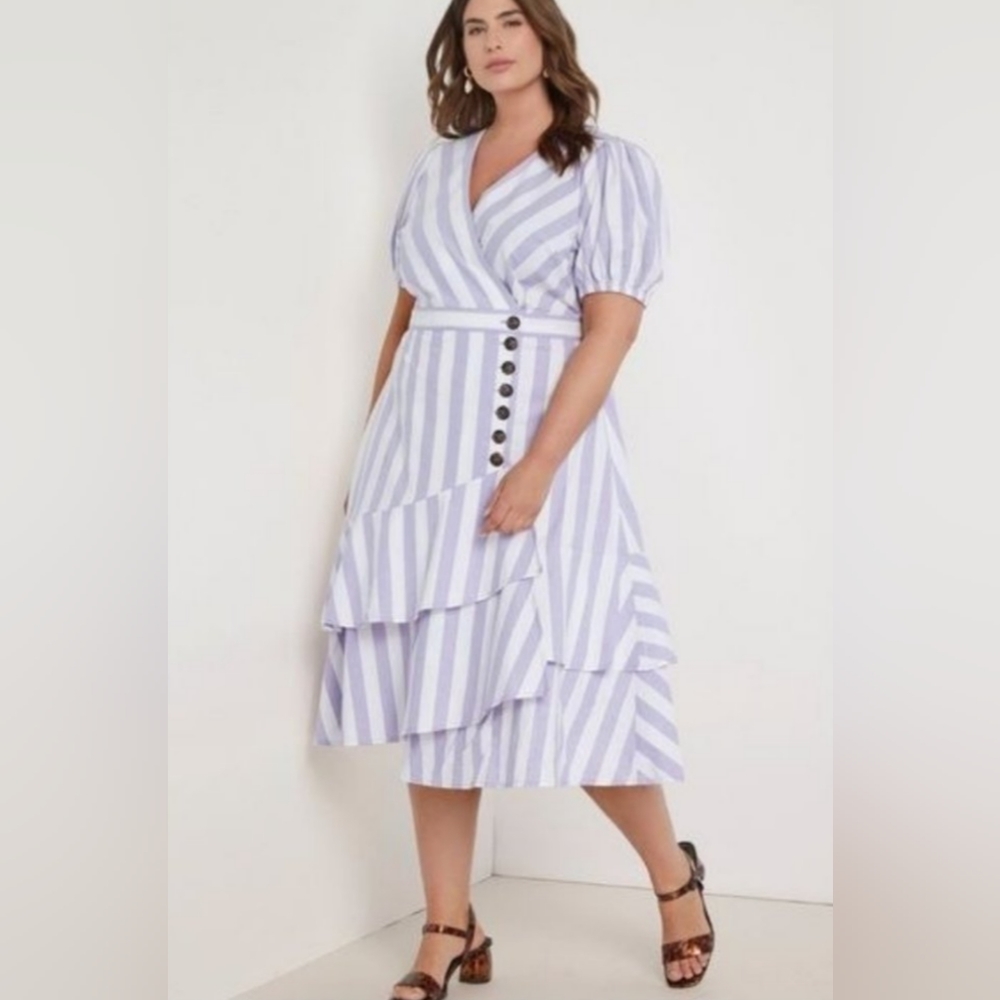 NEW Eloquii Midi Cotton Striped Wrap Dress Size 20 Purple Lavender White